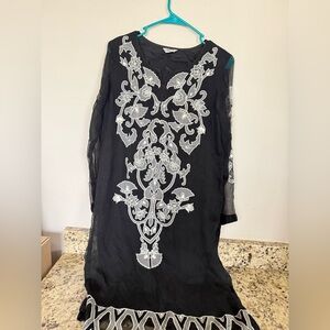 Embroidered Black Women's Dress with Ivory Floral Motif